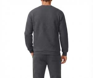 Ensemble survêtement décontracté gris foncé pour homme : sweat-shirt à col rond et pantalon de jogging pleine longueur, couleur unie, avec poches latérales, respirant - Product Image 4