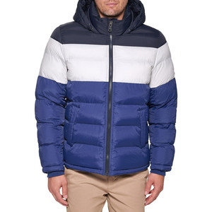 Men's Color Block <b>Puffer</b> <b>Jacket</b> Hooded Zipper Closure Windproof Winter Casual Outerwear Blue <b>White</b> Navy - Product Image 1