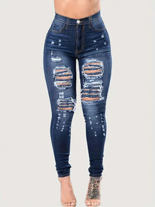 <span class=keywords><strong>Jean</strong></span> en denim vintage de haute qualité pour <span class=keywords><strong>femme</strong></span>, taille haute, extensible, coupe skinny, avec trous effet vieilli, respirant et confortable - Product Image 1