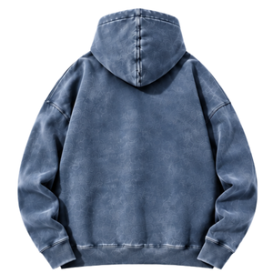 เสื้อฮู้ดดี้โอเวอร์ไซส์สีน้ำเงินฟอกแบบกำหนดเอง พร้อมลายกราฟิกนกอินทรีทั่วตัว มีกระเป๋าจิงโจ้ สไตล์สตรีทแวร์ เสื้อกันหนาว - Product Image 2
