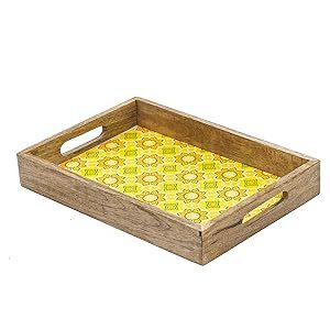Plateau de rangement rectangulaire en bois avec gravure motif feuille, finition vernie, pour table, design moderne, un seul niveau - Product Image 2