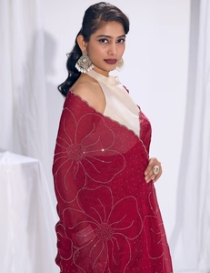 KV Women's Traditional Silk <b>Satin</b> Pink Embellished Designer <b>Saree</b> with Unstitched Blouse for Party Occasions - Product Image 2