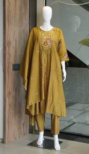 Ensemble Anarkali en coton moutarde pour femme avec dupatta brodé, style pakistanais, coupe ample, longueur ras du sol, tenue décontractée traditionnelle - Product Image 5