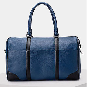 Unisex Genuine <b>Leather</b> Duffle <b>Bag</b> Blue Solid Color Zipper Closure Casual Gym Fitness <b>Bag</b> 30-40L Capacity <b>Soft</b> Handle - Product Image 1