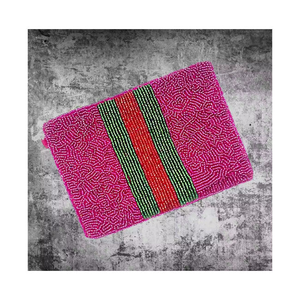 Pochette chic faite main en toile, mini porte-monnaie perlé rayé rose-rouge-vert, fermeture éclair, élégante broderie, style amour - Product Image 1