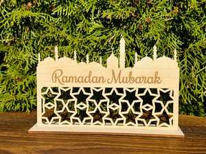 Wooden Ramadan Mubarak <b>Decor</b> With Mosque Silhouette And <b>Star</b> Pattern Tabletop Home <b>Decor</b> For Islamic Festival Traditional Design - Product Image 3