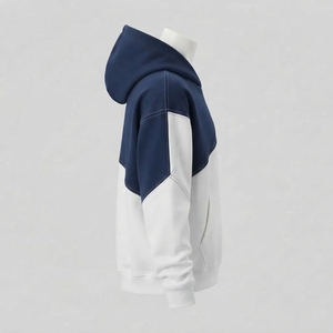 <b>Mens</b> <b>Navy</b> Blue White Diagonal Color Block Hoodie <b>Fleece</b> Sweatshirt Custom Logo Streetwear Pullover Casual Winter Hooded Top - Product Image 3