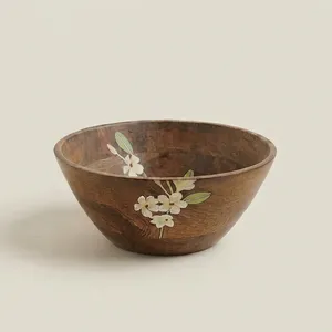 Bol en bois d'acacia fait main, motif floral, style minimaliste, écologique, durable, compatible lave-vaisselle, idéal pour les fêtes, les fruits, les collations, les cadeaux - Product Image 1