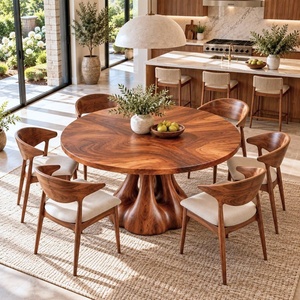 Table à manger ronde en noyer, style mid-century modern, base en bois massif, 4-6 places, fabriquée au Vietnam - Product Image 1