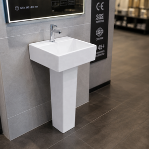 Lavabo sur pied rectangulaire pour salle de bain avec robinet à levier monotrou, drain NSF, design minimaliste, en céramique blanche polie, à poser au sol - Product Image 6