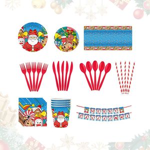 Christmas 10-Piece <b>Disposable</b> Party Supplies Kit Snowman Motif <b>Tableware</b> Paper Plates Banners Plastic Tablecloths Cut Design - Product Image 1