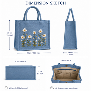 Bolso Tote Azul de Yute Estilo Bohemio con Bordado de Margaritas, Abertura Superior para Playa, Viajes y Uso Diario - Product Image 2