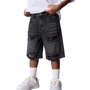 <b>Boys</b> Black Denim Shorts <b>Washed</b> Ripped Distressed Knee Length Relaxed Fit Casual Jeans Shorts With Whisker Effect For Streetwear - Product Image 1
