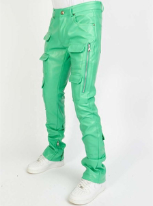 Pantalon cargo en cuir PU vert pour homme, taille haute, coupe droite, plusieurs poches, style streetwear, vêtements d'été - Product Image 2