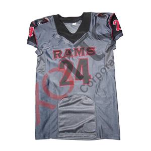 Ensembles de maillots de football américain brodés Rams, rouge et noir, avec nom et numéro gris, en maille de spandex haute densité avec trous respirants, imprimés, taille plus - Product Image 1