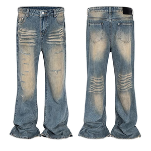 Jean en denim déchiré évasé coupe bootcut vintage épais 14 oz effet usé pour homme, style streetwear, vente en gros - Product Image 2