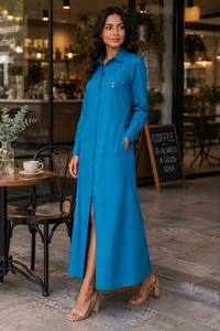 Vestido Camisero de Algodón para Mujer, Color Azul Turquesa, Manga Larga, Cierre de Botones al Frente, Túnica Elegante - Product Image 1