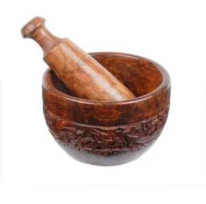 Mortero y Pilón de Madera Oscura Tallada Estilo Vintage, Molinillo Manual de Especias y Hierbas, Triturador de Ajo, Cuenco de Molienda con Pedestal para Cocina - Product Image 4