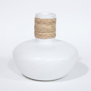 Food Grade Solid Teak Wood White Vase Elegant Minimalist Home Decor Tabletop Centerpiece Natural Rattan Detail <b>Rustic</b> Art Piece - Product Image 1