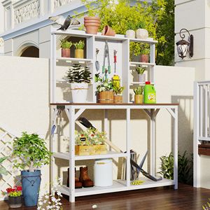 Banc de travail extérieur en bois de 64,6 pouces avec 6 étagères, table de jardin avec rangement latéral à crochets - Product Image 1