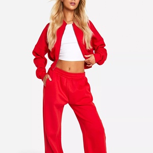 Women's <b>Pink</b> Two-Piece <b>Tracksuit</b> <b>Set</b> Crop Top With Zipper Full Sleeve Knitted Polyester Regular Fit Solid Color Casual Wear - Product Image 4