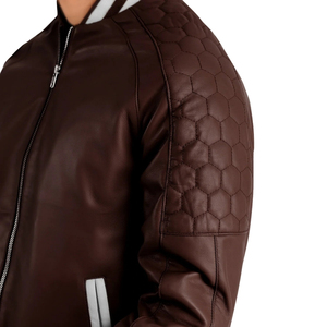 Blouson bomber en cuir PU marron pour homme, fermeture éclair, col montant, poignets côtelés, manteau sportif d'automne - Product Image 6
