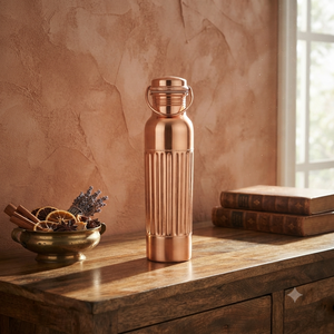 Pure Copper Water <b>Bottle</b> Ribbed Design Reusable Drinking <b>Bottle</b> Leakproof Lid Handmade Kitchenware Wholesale Export Supplier B2B - Product Image 5