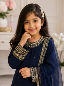 Ensemble Sharara brodé bleu marine pour filles avec dupatta en tulle – Tenue ethnique de fête et de mariage pour enfants – Vente en gros - Product Image 3