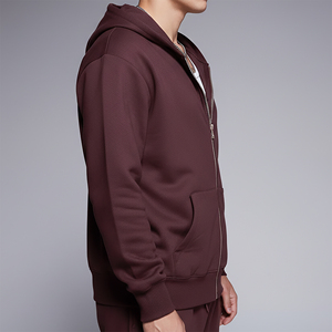 Sweat-shirt à capuche zippé pour homme, couleur unie, en coton French Terry, décontracté, pour l'automne, coupe oversize, respirant, avec logo tricoté sur le devant - Product Image 1