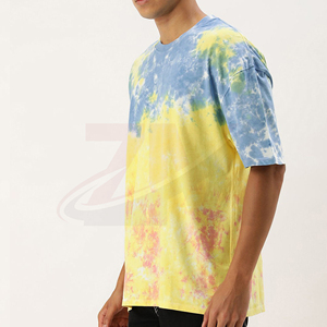 Camiseta de Manga Corta Tie Dye para Hombre, Corte Regular, Cuello Redondo, Informal, Tejida, con Patrón Amarillo, Azul y Rosa - Product Image 4
