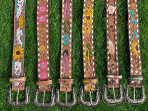 New Western Stylish Real Genuine Hand Tooled <b>Leather</b> Floral Paint Designer <b>Belts</b> High Quality Handmade <b>Leather</b> Unisex Waist <b>Belt</b> - Product Image 5