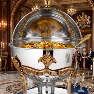 Calentador de Alimentos Redondo de Acero Inoxidable con Detalles Dorados y Tapa de Cúpula para Uso en Restaurantes al Mejor Precio - Product Image 1