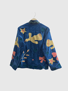 Blue Floral Embroidered <b>Velvet</b> Jacket Mandarin Collar Full Sleeve Plus Size Women's Autumn Wear - Product Image 2