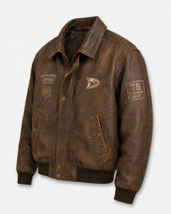 Soft Goat Leather Ribbed Cuff Custom Embroidered Low MOQ Casual Bomber <b>Men</b> Leather Jacket - Product Image 3