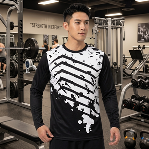Camiseta Deportiva Sublimada de Manga Larga para Hombre, Cuello Redondo, Ajustada, Absorbente de Humedad, Estampado Geométrico, Poliéster, para Todas las Temporadas - Product Image 5