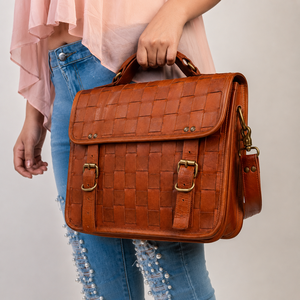 Brown Woven Leather Handbag Bag Vintage <b>Shoulder</b> Satchel with Buckle <b>Straps</b> Premium Office Travel Tote for Women - Product Image 1