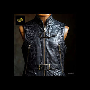 Chaleco Champ King Hecho a Mano para Hombre, Negro, de Cuero Repujado, Invernal, Casual, Transpirable y Ecológico - Product Image 1