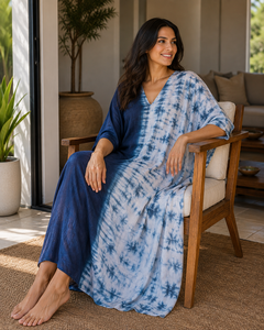 Trendy Women Navy Blue Tie Dye V Neck Bohemian <b>Kaftan</b> Maxi Dress 100% Cotton Woven Eco-Friendly Modern <b>Summer</b> Beach Wear Resort - Product Image 6