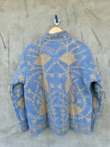 Blue Hand Embroidered Floral <b>Velvet</b> Breathable Eco-Friendly Winter Full Sleeve O' Neck Collar Women's Jacket Cotton Material - Product Image 3