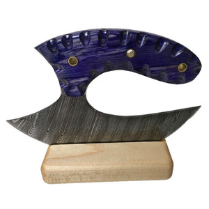 Couteaux Ulu en acier Damas faits à la main, avec fourreau en cuir, manche en bois, coupe-pizza, lame forgée, couteaux ambidextres - Product Image 1