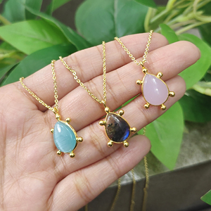 Elegant 18k Gold Plated Teardrop <b>Statement</b> Fashion Pendant Unisex Brass Jewelry Wholesale Bezel set Beaded Design Fancy <b>Necklace</b> - Product Image 3