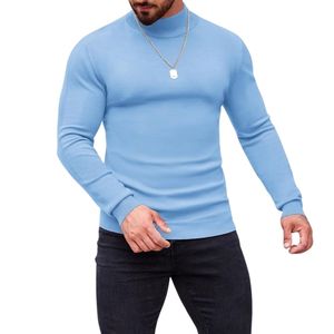 Sweat-shirt à col montant bleu clair pour homme, coupe ajustée personnalisée, manches longues, uni, décontracté, pull à col haut - Product Image 1