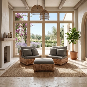 Juego de Muebles de Jardín de Lujo Saint Dennis, Sofá y Taburete de Madera de Caoba, Ratán y Tela Kimmy, Estilo Resort Premium - Product Image 3
