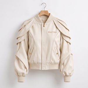 <b>Women</b> Ivory <b>Bomber</b> <b>Jacket</b> with Layered Shoulder Panels Ribbed Cuffs Zipper Pockets Custom OEM ODM Wholesale Supplier Fit - Product Image 3