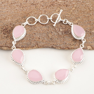Pulseras de Plata de Ley 925 con Calcedonia Rosa Natural en Corte Pera, Chapadas en Latón, Hechas a Mano, con Engaste en Bisel y Diseño de Cadena - Product Image 4
