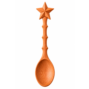 Cuillère en bois avec poignée étoilée, logo gravé personnalisé, prix de gros, en bois d'acacia rouge et de teck, motifs papillon, fleur, feuille, Noël - Product Image 1