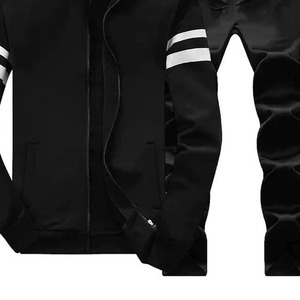 <b>Men's</b> Black Solid 2 in 1 Tracksuit Set Hooded <b>Zip</b> Jacket with Stripe Sleeves and Drawstring <b>Jogger</b> Pants - Product Image 4