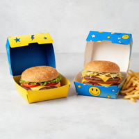 Boîte à hamburger en carton coloré imprimé sur mesure, résistante à la graisse, pour repas d'enfants à emporter, emballage type coquille