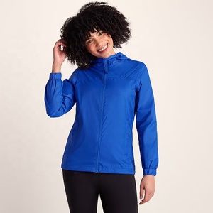 Blue Women's Lightweight Knitted Canvas Shell Jacket Waterproof Windproof <b>Hooded</b> Stand Collar Zipper Outdoor Sports <b>Raincoat</b> - Product Image 3