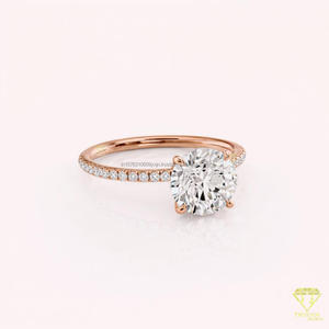 Bague de fiançailles en moissanite à taille ovale avec halo caché, en or blanc, pavée, solitaire, bague de promesse élégante, bague de mariage - Product Image 1